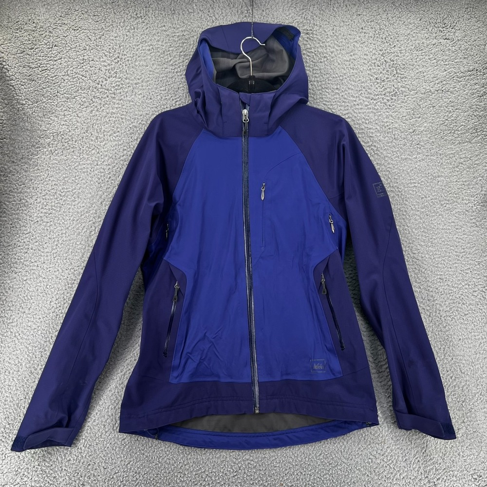 REI Windbreaker Rain Jacket Womens M Blue Hood Elements‎ Stretch Tribal Journey
